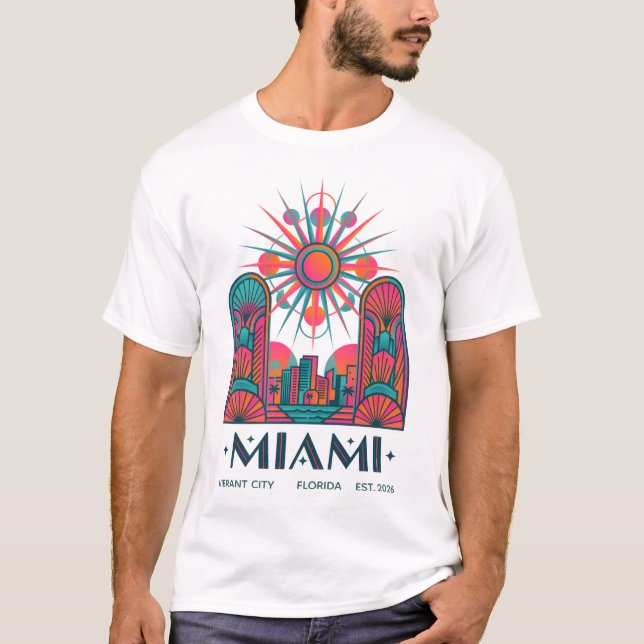 Camiseta Arte Deco Retro Miami Sol Nascente (Frente)
