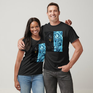 Camiseta Arte Digital de Rosto de Tigre Fogo Metade Preto M