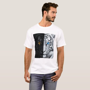 Camiseta Arte Digital de Tigre de Fogo Metade Preto Metade