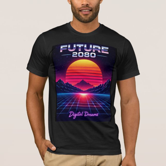 Camiseta Arte Digital Futuro 2080 Sonhos Retro Neon (Frente)