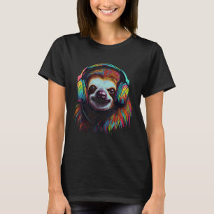 Camiseta Arte Divertida de Preguiça Música Fones de Ouvido