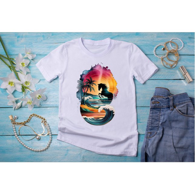Camiseta Arte do Arco-Íris com Paisagem de Praia Sunset (Criador carregado)
