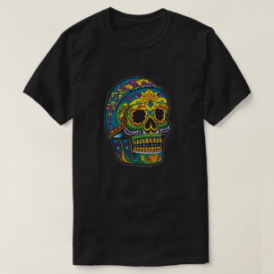 Camiseta Arte do Crânio do Açúcar - Azul com Maquiagem do O