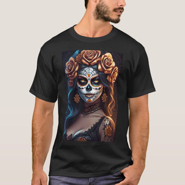 Camiseta Arte do Crânio do Açúcar - Expressões Coloridas (Frente)