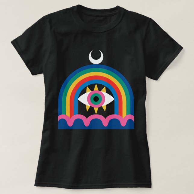 Camiseta Arte do Crescente Lua Olho Arco-íris (Frente do Design)