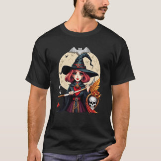 Camiseta Arte do Dia das Bruxas Mística com Caveira e Lua