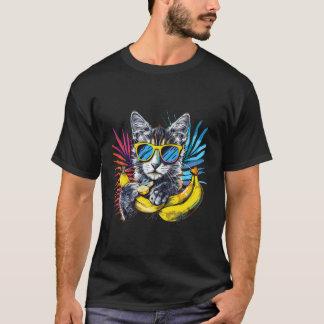 Camiseta Arte do Gato Banana Óculos de Sol Coloridos Banana