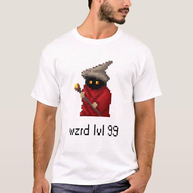 Camiseta Arte do pixel do feiticeiro do nível 99 (Frente)