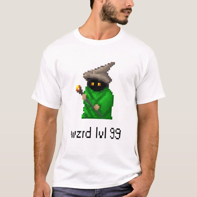 Camiseta Arte do pixel do feiticeiro do nível 99 - verde (Frente)