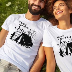 Camiseta Arte Doodle de Tenda de Acampamento Feliz no Bosqu