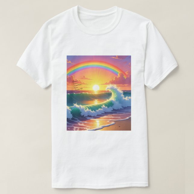 Camiseta Arte Dramática do Arco-íris da Onda do Oceano no P (Frente do Design)