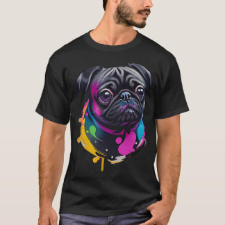 Camiseta Arte em Aquarela de Pug Preto Adorável - Pingos Di
