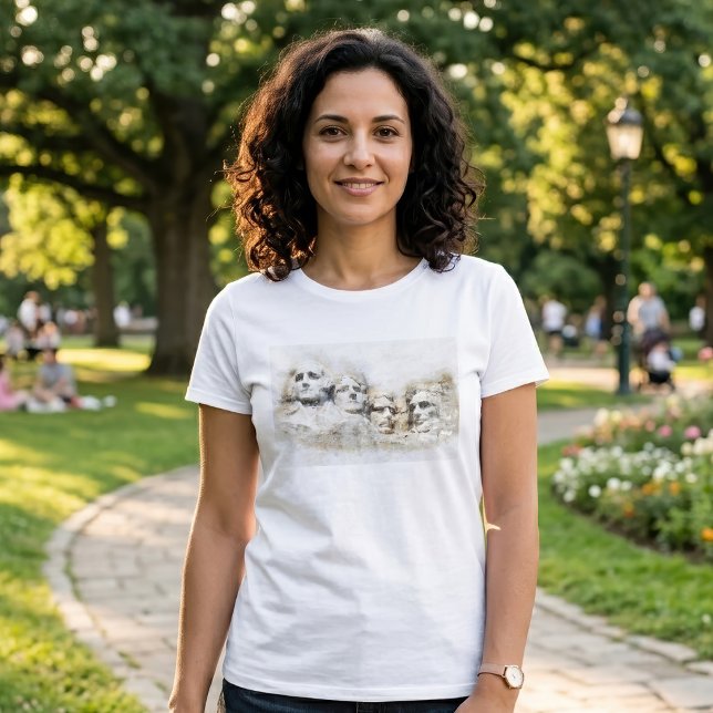 Camiseta Arte em Aquarela do Monte Rushmore Presidencial (Mount Rushmore Presidential Watercolor Art. Women Basic White T-Shirt)