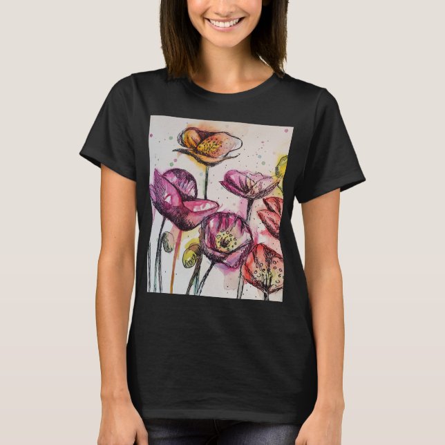 Camiseta arte em aquarela floral vermelho roxo rosa papoula (Frente)