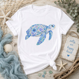 Camiseta Arte em Cerâmica de Tartaruga Marinha com Tema Flo