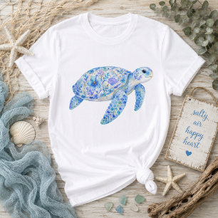 Camiseta Arte em Cerâmica de Tartaruga Marinha com Tema Flo