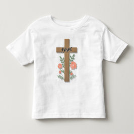 Camiseta Arte em Madeira da Palavra Bendita Cruz e Flores d