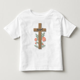 Camiseta Arte em Madeira da Palavra Bendita Cruz e Flores d