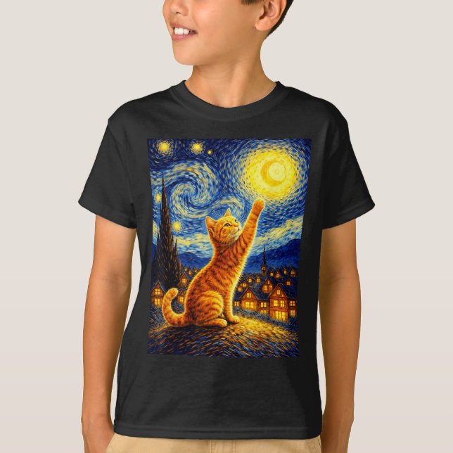 Camiseta Arte engraçada de gato estilo noite estrelada (Frente)