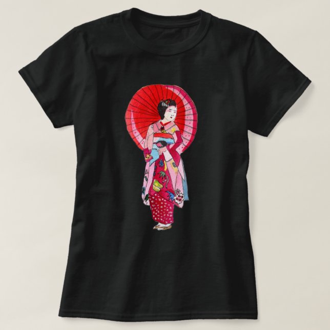 Camiseta Arte engraçada japonesa Geisha red kimono (Frente do Design)
