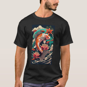 Camiseta Arte Estético Peixe Koi Gráfico Samurai Japonês