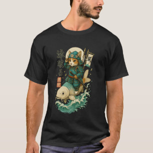 Camiseta Arte Fantasia de Gato Samurai Montando Peixe Koi