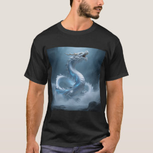Camiseta Arte Fantasia Design Dragão Azul Branco Chinês Com