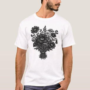 Camiseta Arte floral botânica linocut de flores silvestres