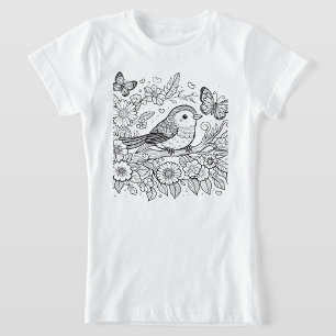 Camiseta Arte Floral Caprichosa de Pássaros e Borboletas