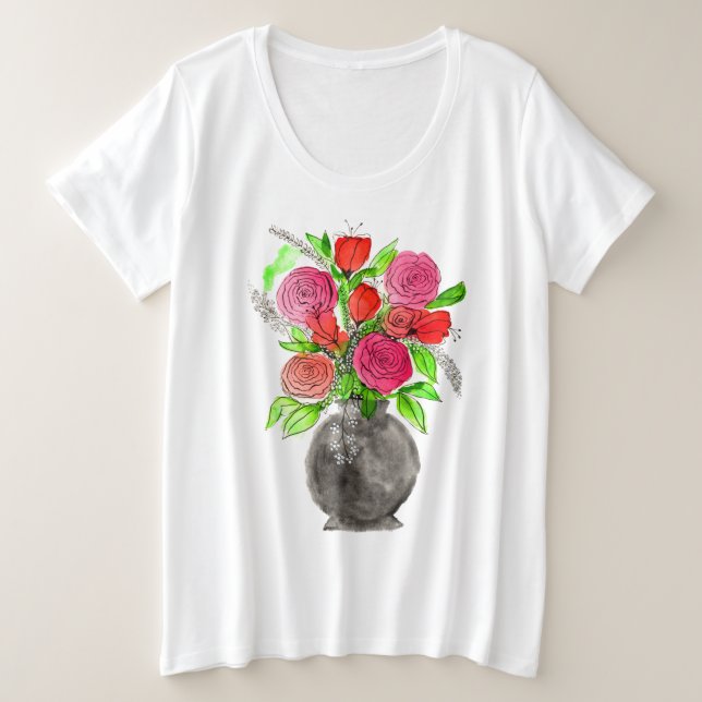 Camiseta Arte Floral com Abstrato de Aquarela Pintada À Mão (Frente do Design)