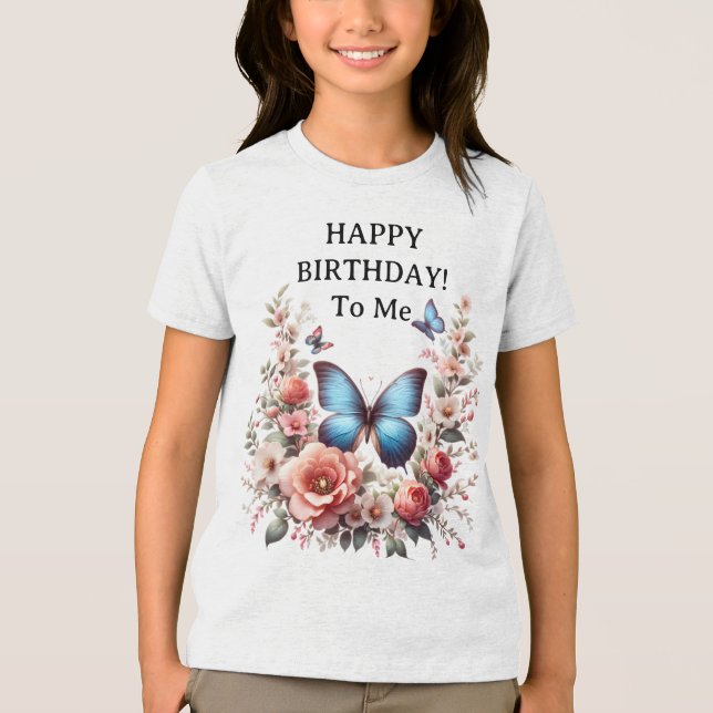 Camiseta Arte Floral de Borboleta Azul Personalizável-96279 (Frente)