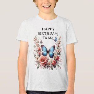 Camiseta Arte Floral de Borboleta Azul Personalizável-96279