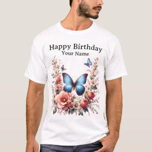 Camiseta Arte Floral de Borboleta Azul Personalizável-96279