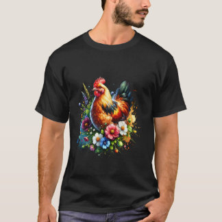 Camiseta Arte Floral de Frango Gráfico Mulheres Fazendeiras