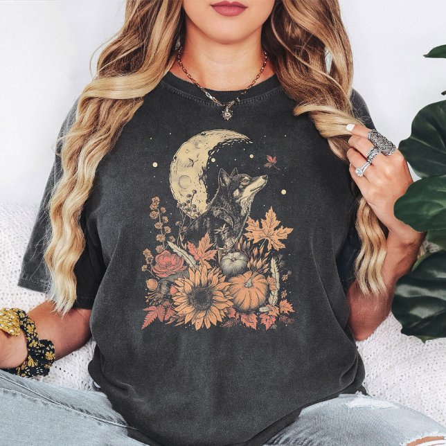 Camiseta Arte Floral de Outono com Lua e Lobo (Criador carregado)