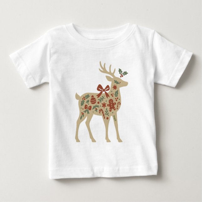 Camiseta Arte Floral de Rena de Natal (Frente)