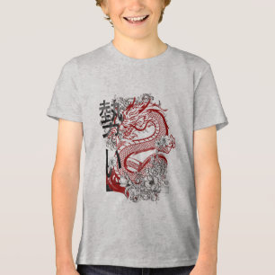 Camiseta Arte Floral do Dragão Vermelho Japonês