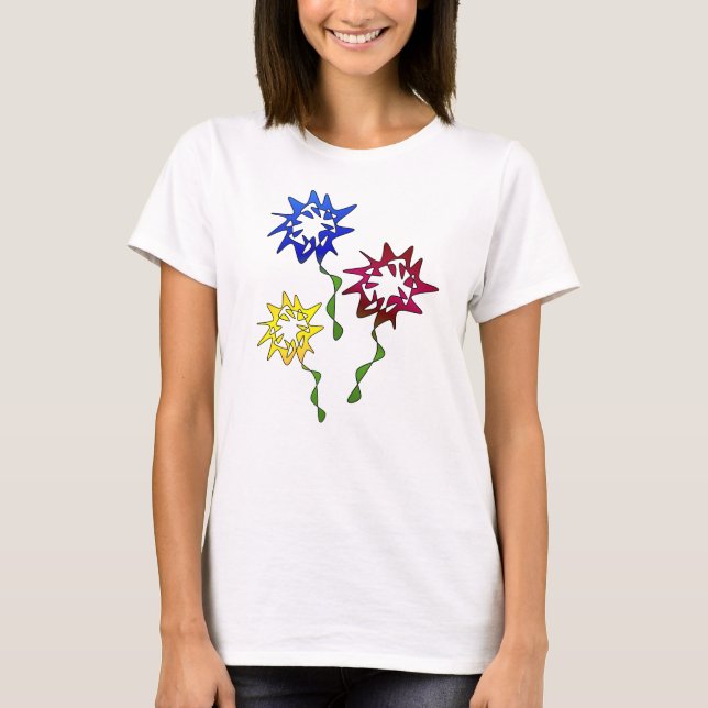 Camiseta Arte florescente perpétua em azul, vermelho, amare (Frente)