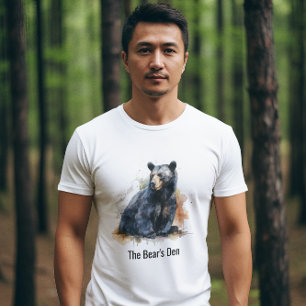 Camiseta Arte Florestal de Urso Preto em Aquarela