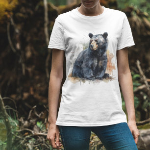 Camiseta Arte Florestal de Urso Preto em Aquarela