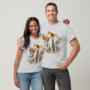 Camiseta Arte Folclórica Americana Antiga Tulipa Pássaro Co