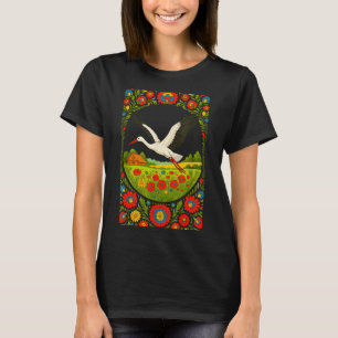 Camiseta Arte Folclórica de Cegonha Polonesa Desenho Rural