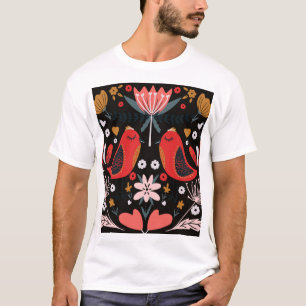 Camiseta Arte Folclórica Escandinava: Aves Coloridas.