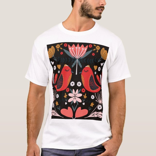Camiseta Arte Folclórica Escandinava: Aves Coloridas. (Frente)