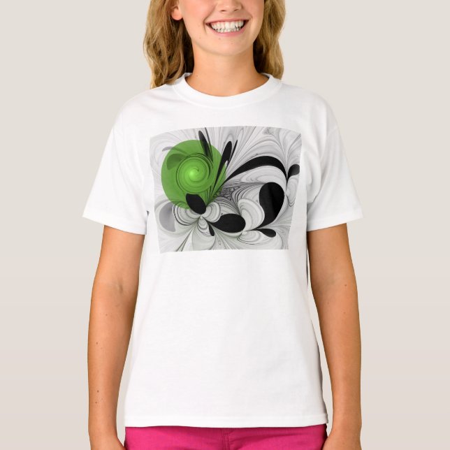 Camiseta Arte Fractal Abstrata em Preto e Branco com Verde (Frente)