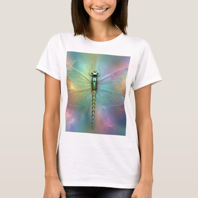 Camiseta Arte Fractal de Libélula Pastel Elegante, (Frente)