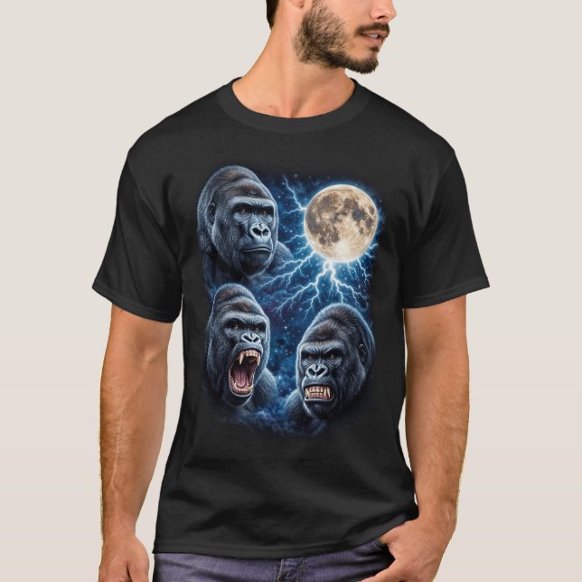 Camiseta Arte Gorila Lua Relâmpago Poderoso Rosto de Macaco (Frente)