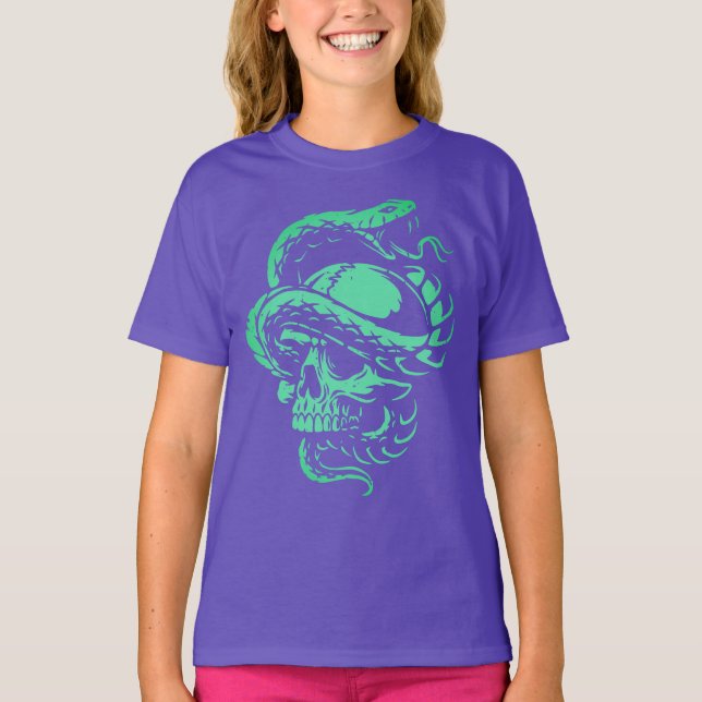Camiseta Arte Gótica Caveira Neon e Serpente (Frente)