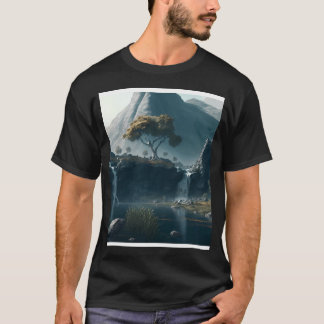 Camiseta Arte Gráfica de Montanhas Com Cachoeiras e Árvores