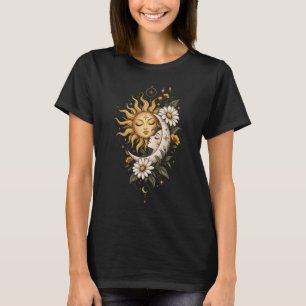 Camiseta Arte Gráfico Floral, Celestial Sol e Lua Místico